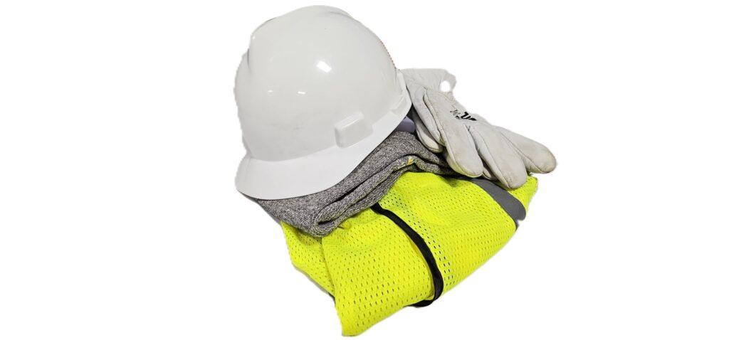 Protective equipment bundle of vest, hard hat, sleeves and gloves.